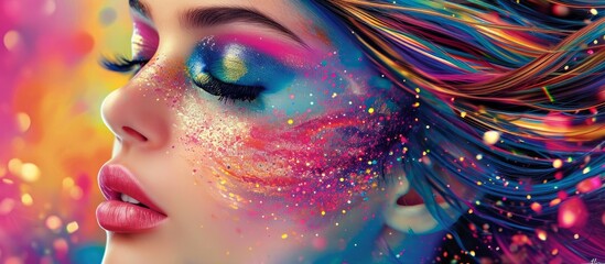 Fototapeta premium Colorful makeup and long hair adorn a beautiful girl's portrait.