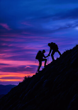 Silhouette of two climbers helping each other on top of a mountain, dramatic sky backdrop