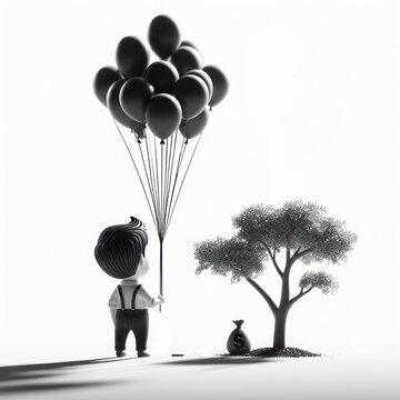 Serene Isolation: Little Figure Looks Down with Hanging Balloon and Money Tree Silhouette