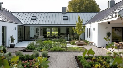 danish house with courtyard in the middle with vegetable garden - obrazy, fototapety, plakaty