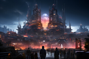 Fototapeta premium Futuristic urban city on another planet. Generative AI illustration