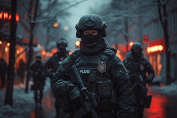 Naklejka premium A tense standoff ensues as brave officers brave the snowy streets to confront a violent individual