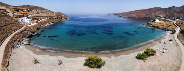 Panoramic view of the Flampouria beach in Kythnos, Greece