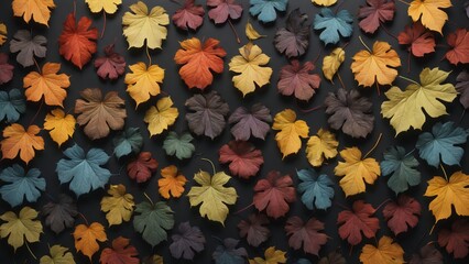 Autumnal plant leaves in different shapes and colors lined up next to each other