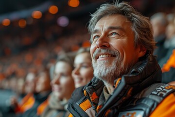 A man's infectious smile stands out amidst a sea of human faces, his confident clothing and warm expression making him the center of attention in the bustling crowd