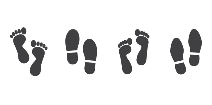 Human footprints icon set. Foot imprint, footsteps icon collection. Man and woman footprints silhouette. Shoes footstep icons vector illustration in transparent background.