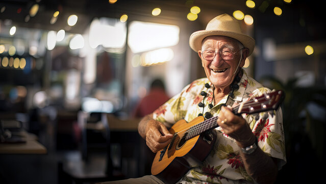 Older adult playing ukulele
