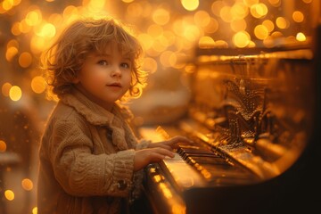 A young girl's angelic face is illuminated by the soft indoor light as she plays a melodic tune on...