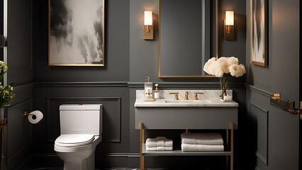 Small bathroom with toilet and dark walls, light beige gray vanity, wall lamp, towels.