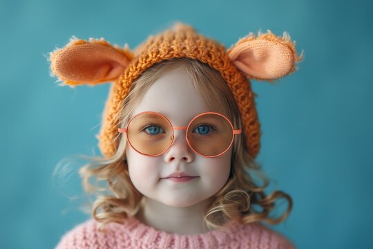 A stylish girl with glasses and a hat looks like a living doll, with her hair cascading down her face as she poses indoors