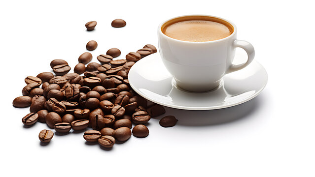 Cup of arabica coffee, with arabica coffee beans, solid white background.