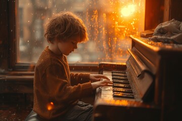 A young boy finds solace in the music he creates on the piano, even as the rain pours down outside,...