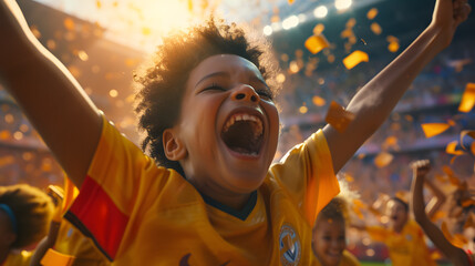 A child celebrating a victory with their team. a kid is cheering with his hands in the air. Children are happy and satisfied.