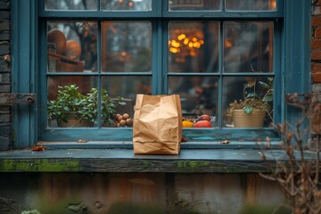 A solitary brown bag sits on the windowsill, surrounded by a bustling cityscape and a lush houseplant, reflecting the beauty of both urban and natural worlds