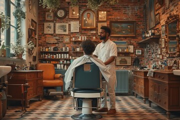 A dapper gentleman sits comfortably in a vintage barber shop, surrounded by rustic furniture and shelves adorned with clothing, as the sound of clippers echoes off the cabinetry-lined walls and the f - obrazy, fototapety, plakaty