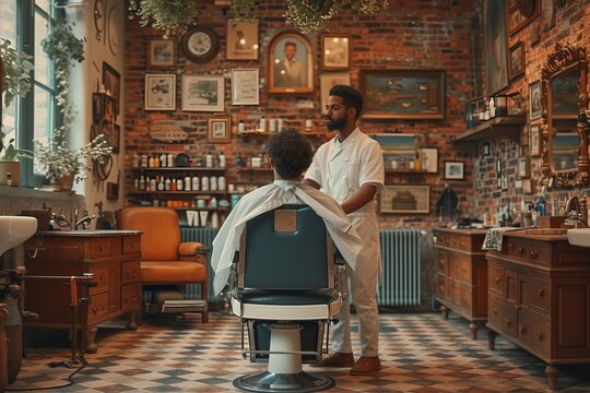 A dapper gentleman sits comfortably in a vintage barber shop, surrounded by rustic furniture and shelves adorned with clothing, as the sound of clippers echoes off the cabinetry-lined walls and the f