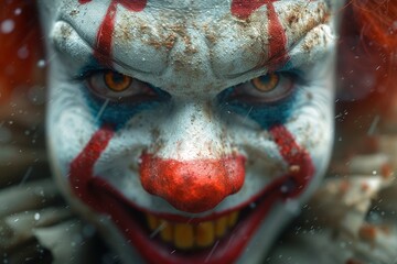 A terrifying outdoor scene, as a sinister clown's red masque reveals the horror behind the mask
