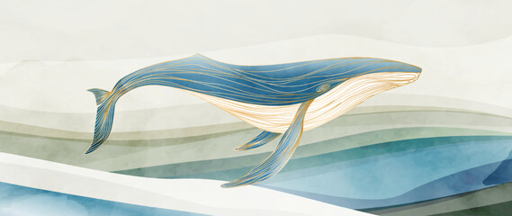 Art background with a whale in the waves of the sea or ocean in a watercolor style. Hand drawn vector banner in pastel colors for decoration, print, textile, wallpaper, interior design, poster. © VectorART