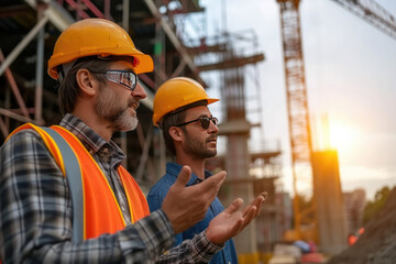 A team of construction engineers talks to managers and construction workers at the construction site. Quality inspection, work plan, home and industrial building design project.