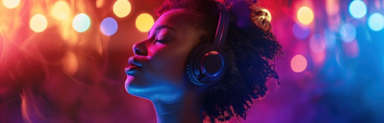 serene young woman is lost in music wearing headphones amidst a vibrant and colorful backdrop of...