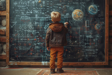 The smart boy is doing a chemical formula. He stood on the blackboard, leaving the right space to enter the message. -