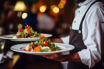 Badezimmer Foto Rückwand waiter carrying plates with meat and vegetables dish in restaurant , celebration event ,Restaurant serving , wedding , festive event, party ,blur background, . Close Up of food stylish © YOUCEF