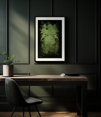 A framed print of a lush green plant hanging on a wall, adding a touch of nature to the room's decor.