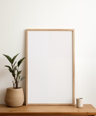 A blank white frame on a wooden table with a plant. A minimalist display of nature and art.