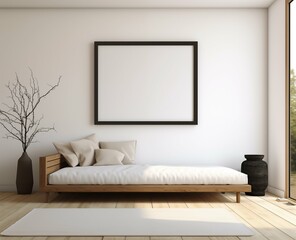 A minimalist bedroom with a cozy bed and a framed picture on the wall.
