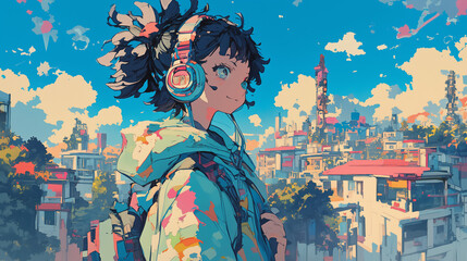 A girl walking on the streets of Harajuku, listening to music with stylish headphones 80s anime rainbow retro fashion