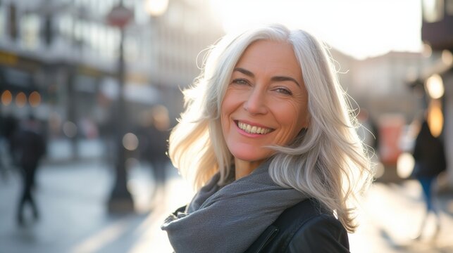 Attractive smiling white haired mature woman posing in a city street looking at the camera