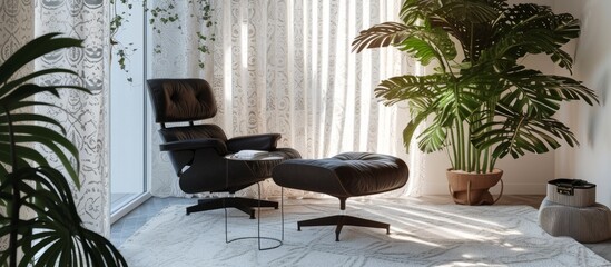 In a palm-filled apartment, there is a white carpet with a cozy black chair and stool, along with a curtain with patterns.