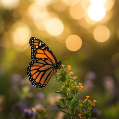 Fototapeta na wymiar Monarch Butterfly on Wildflower at Sunset
