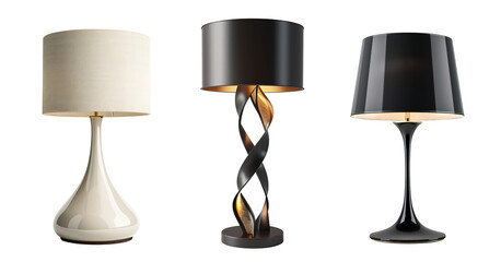 Modern elegant table lamps made of stones, metal and glass over isolated transparent background