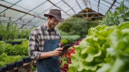 gardener in greenhouse checking plants with tablet