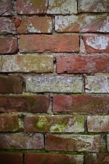 Rustic old exterior brick wall texture with aged white paint and cement