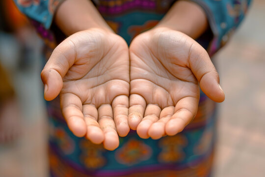 Close up image of Muslim female hands outstretching to support charity and needy people.