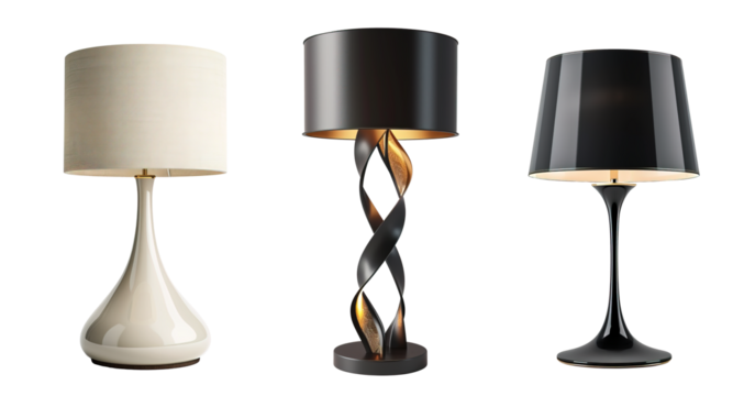 Modern elegant table lamps made of stones, metal and glass over isolated transparent background