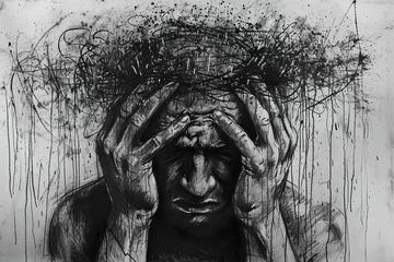 Fotobehang Sketchy illustration representing internal struggle of a person battling anxiety © Pajaros Volando