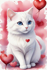 Watercolor Valentines day cat with pink love heart illustration. Can be used for prints, posters, patterns, stickers, decorations. Red and pink colors 