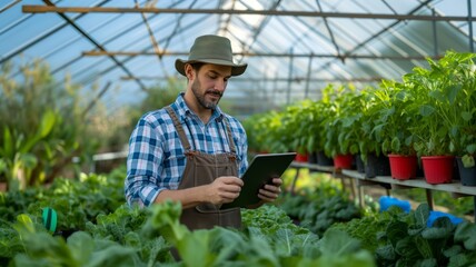 gardener in greenhouse checking plants with tablet
