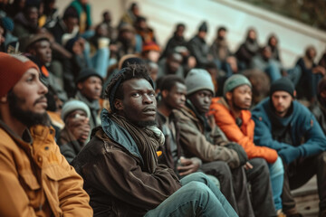 Migrants marching through the streets, with police officers watching from a distance