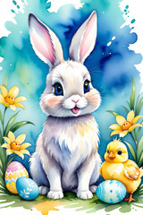 Watercolor floral Easter bunny illustration. Can be used for prints, posters, patterns, stickers, decorations. Yellow and blue colors 