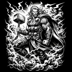 angry greek god tattoo decal with lightning, hammer, smoke