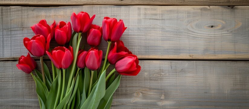 A lovely bouquet of red tulips placed on a rustic wooden backdrop, perfect for spring. - Powered by Adobe
