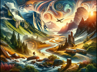 Fototapeta premium Breathtaking landscape, adventure and exploration with rugged mountains, deep valleys, and flowing rivers. Inspires freedom and the allure of the unknown, inviting discover new horizons. Generative AI