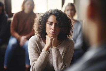 Sad depressed woman at support group meeting. therapy, health, mental health, mental problems - obrazy, fototapety, plakaty