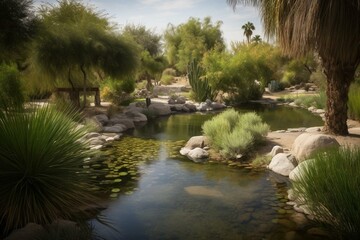 Fototapeta na wymiar A peaceful oasis with abundant vegetation and a flowing stream, offering respite from the desert's scorching temperatures. Generative AI