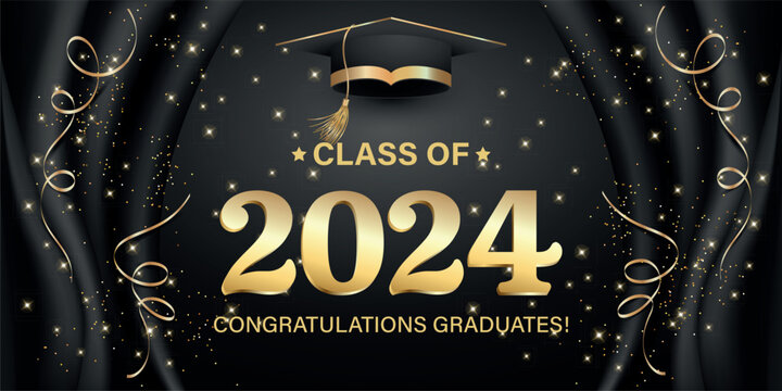 Vector illustration. Class of 2024 badge design template in black and gold colors. Congratulations graduates 2024 banner sticker card with academic hat for high school or college graduation