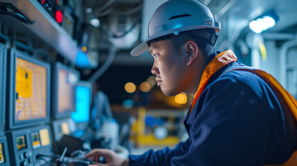 Fototapeta premium As the backbone of the engineering department the chief engineer oversees a team of skilled technicians all working together to keep the ship running at optimal efficiency.